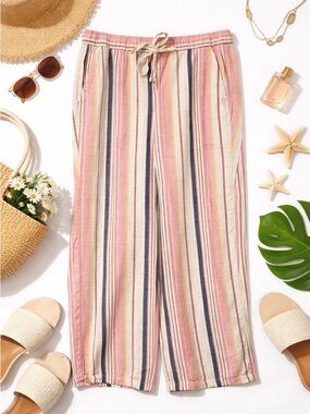 Old Navy Wide Leg Pants Small Striped Linen Blend Boho Beachy Flowy Pockets